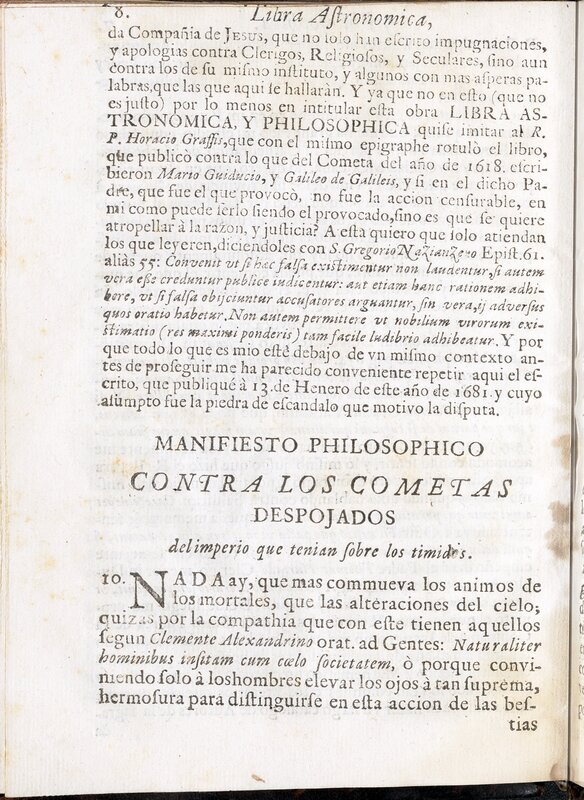 "Manifiesto Philosophico: Contra los Cometas Despojados", página 1