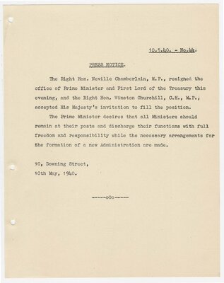 Press Notice [Churchill Becomes Prime Minister]