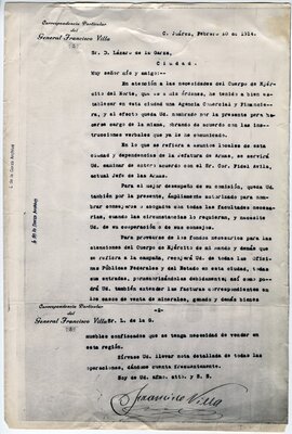 Carta estableciendo la Agencia Comercial y Financiera de la División del Norte