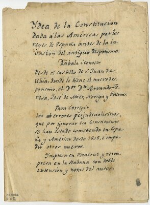 "Idea de la constitución dada a las Américas por los reyes de España antes de la invasión del antiguo despotismo", portada